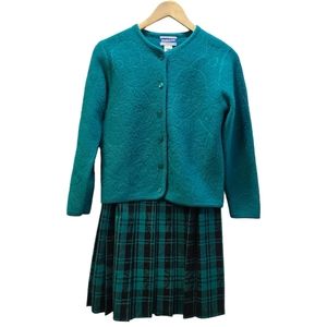 Vintage Pendleton Wool Teal Plaid Cardigan Skirt Suit Set Womens Size 4/Small